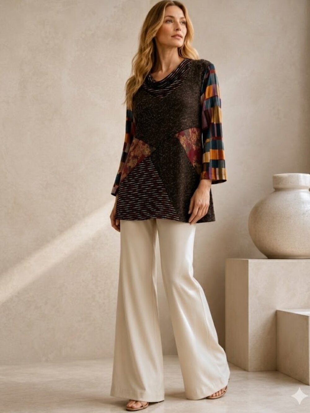 Ali Miles Multicolored Mixed Media Patch Knit Cowl Neck Tunic Women's Top L NWT